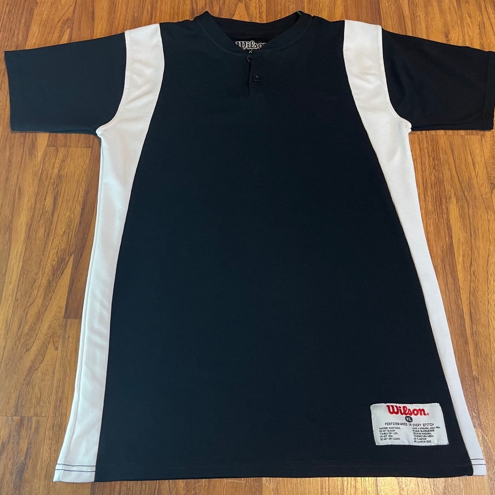 Wilson Baseball Jersey Youth Large Black White Henley Performance Shirt YL Sport
